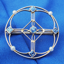 Earth mined Sapphire Pearl Art Deco Geometric Brooch Unique Vintage 14k ... - $1,286.01