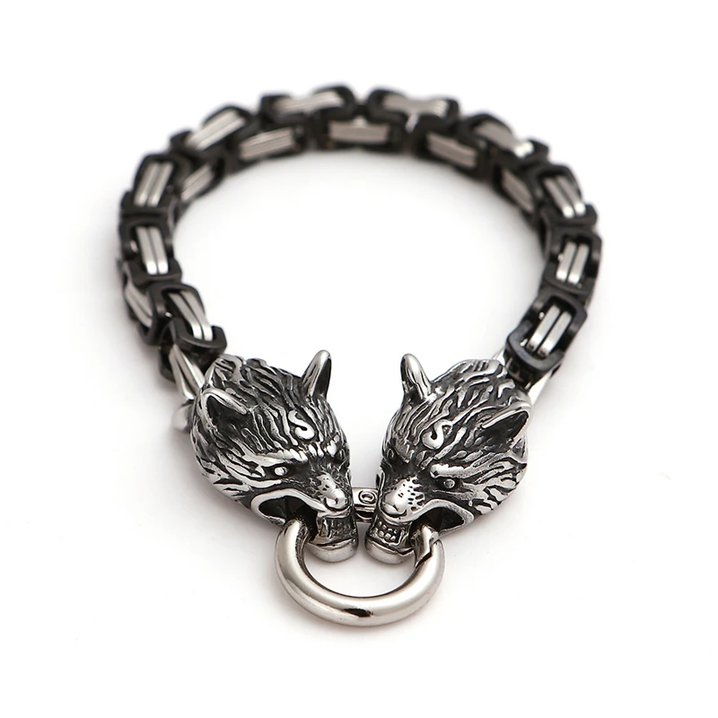 Norse Viking Wolf Head Bracelet Men Never Fade Stainless Steel Gold Square King  - £28.66 GBP