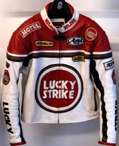  Lucky Strike White Red Cowhide Motorcycle Leather Jacket With Protections - £125.23 GBP