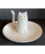 Ceramic Cat Kitty Jewelry Trinket Dish White With Black Gold - £8.18 GBP