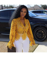 Elegant Long Sleeve Hollow Out Mesh LaceSheer See Through  Blouse - $53.44 CAD
