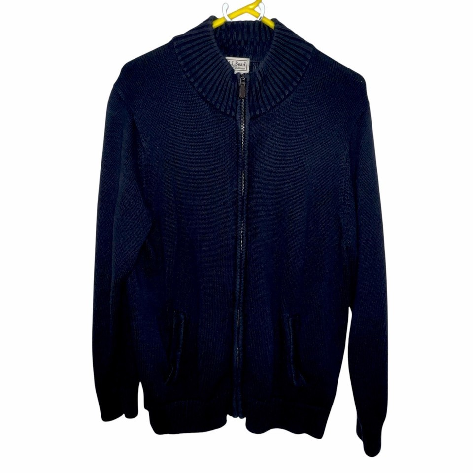 LL Bean Sweater Mens Large Full Zip Navy Blue Knit Heavyweight Cotton 25... - $26.60