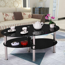 Tempered Glass Oval Side Coffee Table Shelf Chrome Base Living Room Black - £108.96 GBP