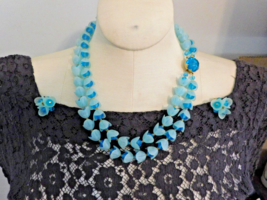 West Germany Vintage Necklace Earrings Set Floral Two Tone Layered Blue 22&quot; Rare - £46.94 GBP