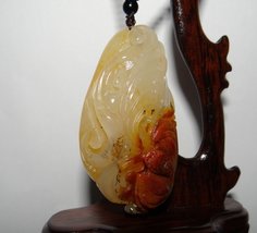 YW 2.6&quot; China Certified Nature Yellow Dragon Jade Blessing Bat and Lotus... - £132.19 GBP