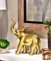 Lucky Elephant Statue with Trunk Up 12" High Antiqued Gold Resin Home Decor image 2