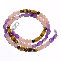Natural Rose Quartz Tiger Eye Amethyst Gemstone Smooth Beads Necklace 17&quot; UB3622 - £8.66 GBP