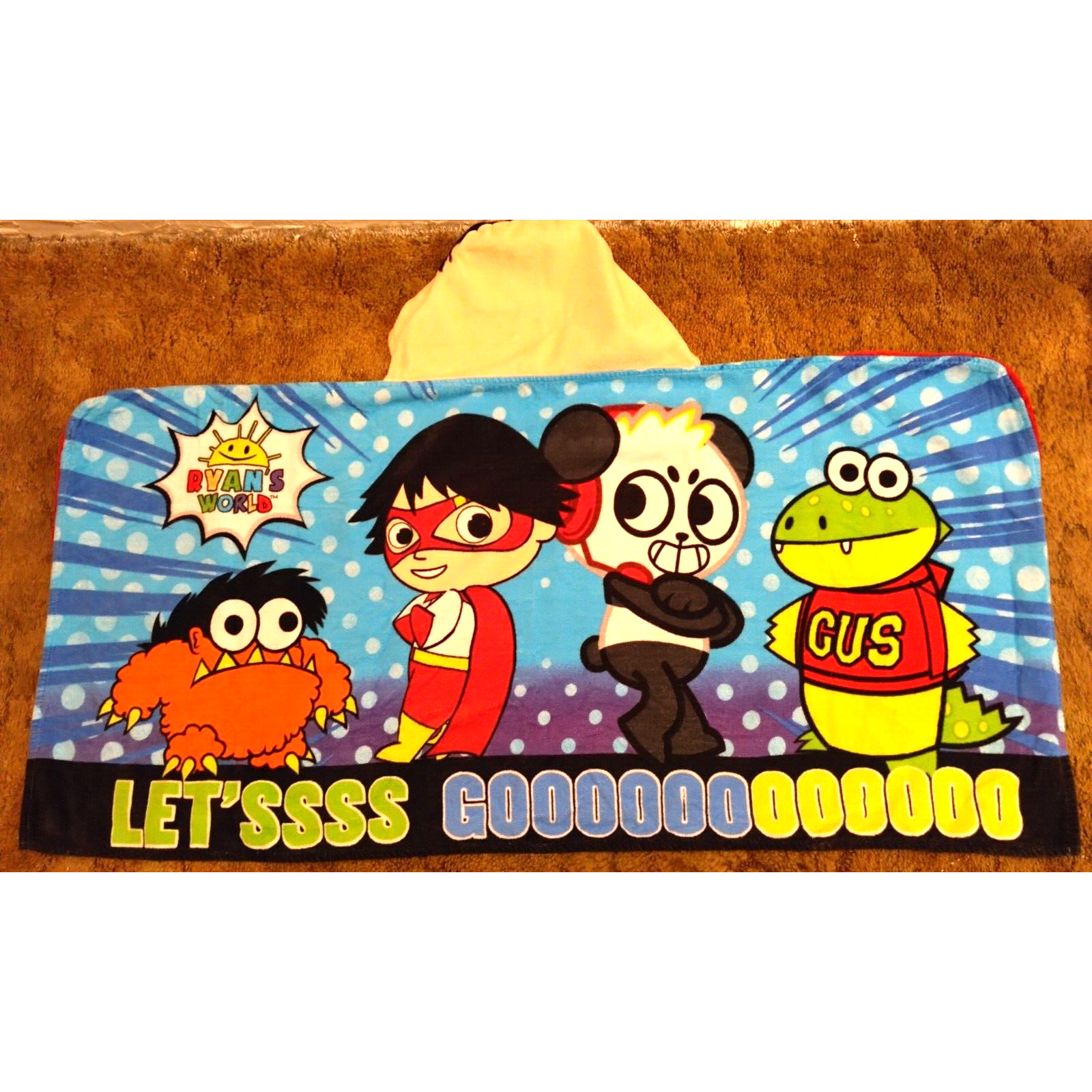 Ryan&#39;s World Hooded Towel 25&quot; x 50&quot; Ryan Gus Combo Panda &amp; Moe Monster - £6.66 GBP