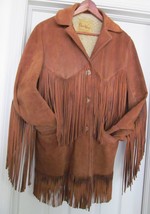 DEER WEAR Western Cowhide Leather Sheepskin Jacket Coat Fringe Brown 36 VINTAGE - £181.87 GBP