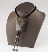 Sterling Silver Kokopelli Turquoise and Coral Inlay Bolo Tie w/ Braided Leather - £280.45 GBP