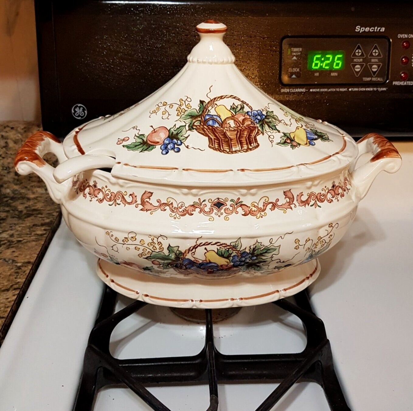 Fruit Basket Soup Sauce Tureen Lid Ladle Centerpiece VTG Handpainted Cer... - $19.73