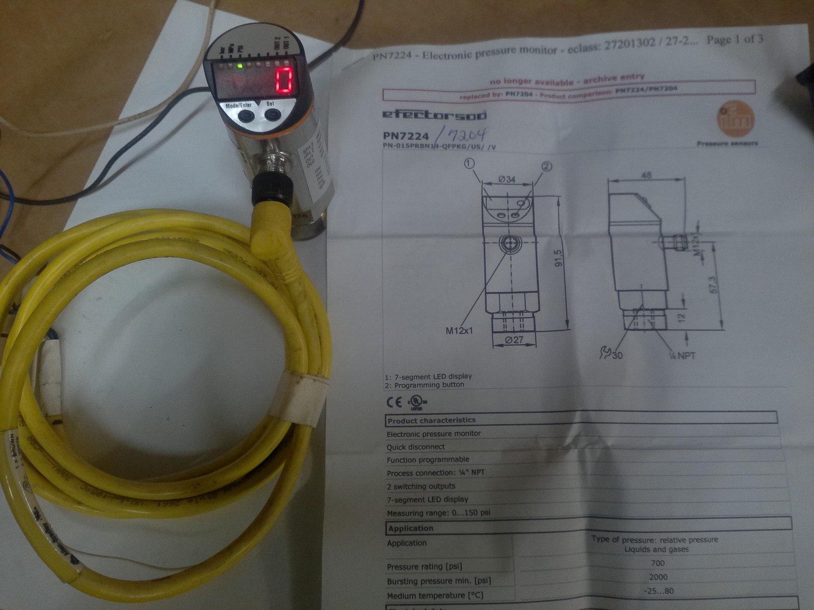 IFM PN7204 ELECTRONIC PRESSURE MONITORING SENSOR / 0-150PSI / 18-30VDC /... - $40.59
