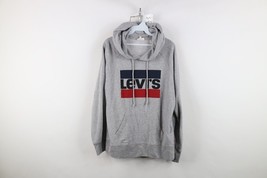 Y2K Levis Mens Medium Distressed Spell Out Box Logo Hoodie Sweatshirt Gray - $29.65