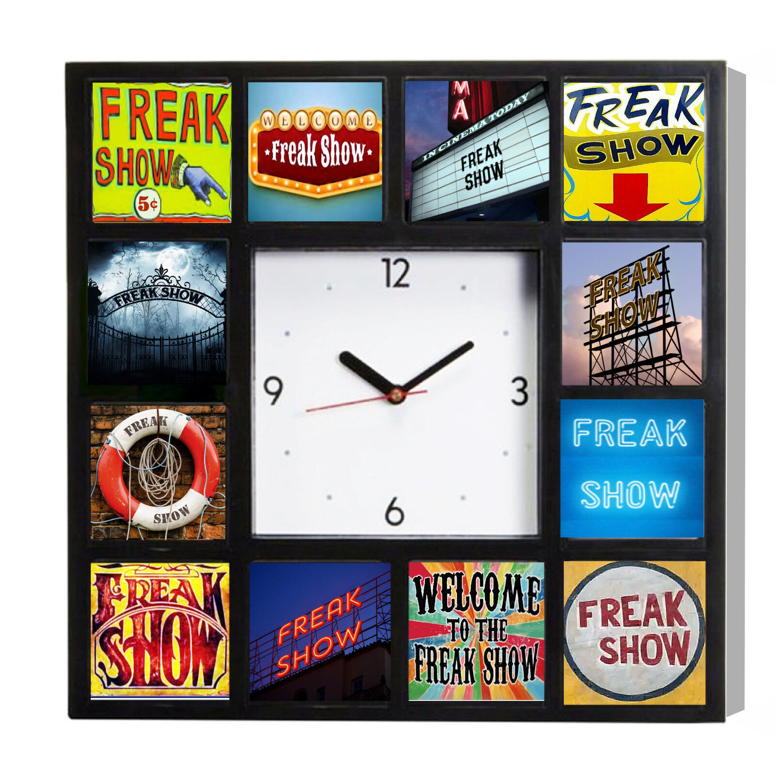 Primary image for Freak Show Dark Goth Circus Signs Clock with 12 pictures Carnival odd
