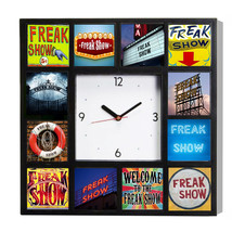 Freak Show Dark Goth Circus Signs Clock with 12 pictures Carnival odd - $31.67