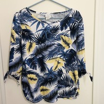 Hot Cotton Women&#39;s Shirt Top Tropical Floral 3/4 Tie Sleeve Round Neck Ruched L - £18.50 GBP