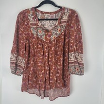Jane And Delancey Blouse M Womens Boho 3/4 Sleeve V Neck Brown Floral Pullover - £12.89 GBP