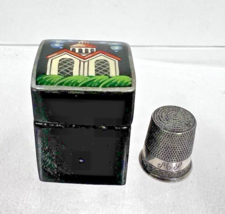 Lacquerware Thimble Box w Sterling Silver Thimble Hand Painted Building ... - $74.25