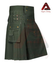 Men&#39;s Scottish Handmade Utility Kilt Heavy Cotton Green Utility Kilt Custom Size - £46.86 GBP