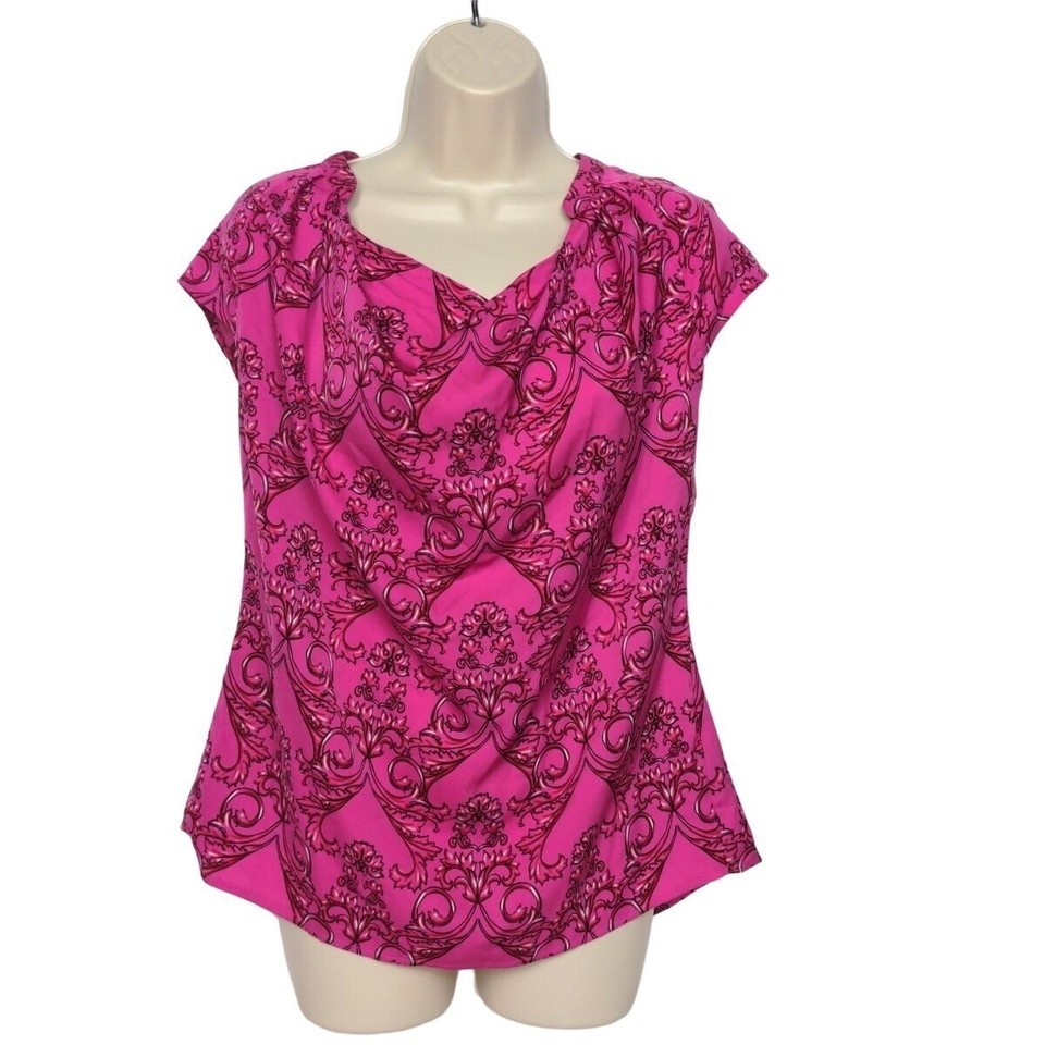 Worthington Women&#39;s Blouse Top Size Medium Geometric Pink Short Sleeve C... - $16.83
