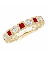 ANGARA Bezel-Set Square Ruby and Round Diamond Band in 14K Solid Gold - £2,241.36 GBP