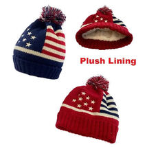 (12) Patriotic Plush Lined Embroidered Toboggan Winter Hat w/Pom Adult New! - £38.36 GBP