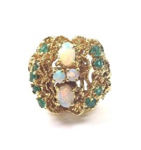 14k Yellow Gold Women&#39;s Vintage Cocktail Ring With Green Emerald And Opa... - £494.34 GBP