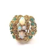 14k Yellow Gold Women's Vintage Cocktail Ring With Green Emerald And Opal Stones - £499.59 GBP