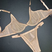 NWT Victoria&#39;s Secret unlined 32D BRA SET XS itsy panty GOLD beige chained Net - £63.84 GBP