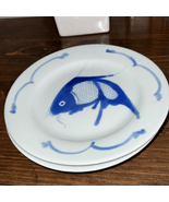 Vintage Chinoiserie Koi Fish Salad Plate Pair Blue White 7 7/8 in - £23.07 GBP