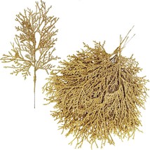 15 Pcs Gold Glitter Artificial Cedar Sprigs Picks Faux Cedar Branches Stems Chri - £21.96 GBP