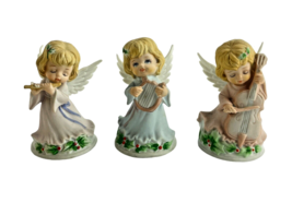 Lefton Musical Angel Figurines Set of 3 Porcelain Hand Painted Holly Berry - $43.45