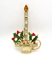 1960&#39;s Christmas Candlestick Brooch, Rhinestones-Red,Green,White,Clear,Red Beads - £14.17 GBP