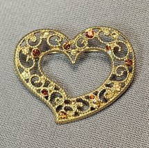 Vintage Gold-tone Open Heart Scroll Brooch Pin Amber Rhinestones - Signed FAF - £12.73 GBP