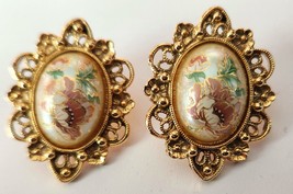 1928 Brand Pierced Earrings White Floral Oval Cabochon Gold Tone Vintage... - $24.99