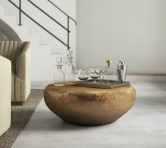 38&quot; W Brass Round Drum Coffee Table Organic Mid Mod Regency Coastal Transitional - £1,697.47 GBP