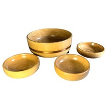 Vintage Wooden Salad Bowl Set with Copper Trim 4 Piece Mid Century Modern Footed - £38.71 GBP