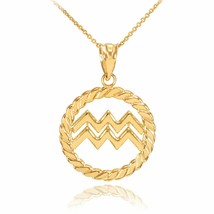 14K Solid Gold Aquarius Zodiac Sign in Circle Rope Pendant Necklace  - £176.20 GBP+