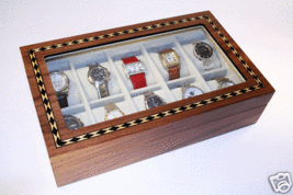 10 WATCH CASE Walnut 65mm Watches Storage Organizer Box display Glass Top - $72.95