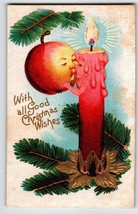 Christmas Postcard Fantasy Kissing Apple Candle With Human Face Anthropomorphic - £30.18 GBP