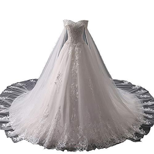 Kivary Plus Size Off Shoulder Beaded Lace Tulle White Wedding Dresses with Cape