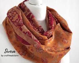 Golden Yellow Red Floral Upcycled Vintage Sari Silk Womens Scarf - Bohemian Spri - £28.36 GBP