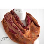 Golden Yellow Red Floral Upcycled Vintage Sari Silk Womens Scarf - Bohem... - £27.76 GBP