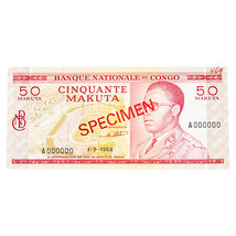 1968 Congo 50 Makuta Specimen Note Unc w/ Red Ink Mark P11 - £94.02 GBP