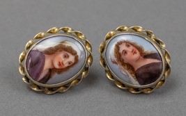 Antique Victorian Cameo Portrait Hand Painted Porcelain Sterling Silver Earrings - £326.12 GBP