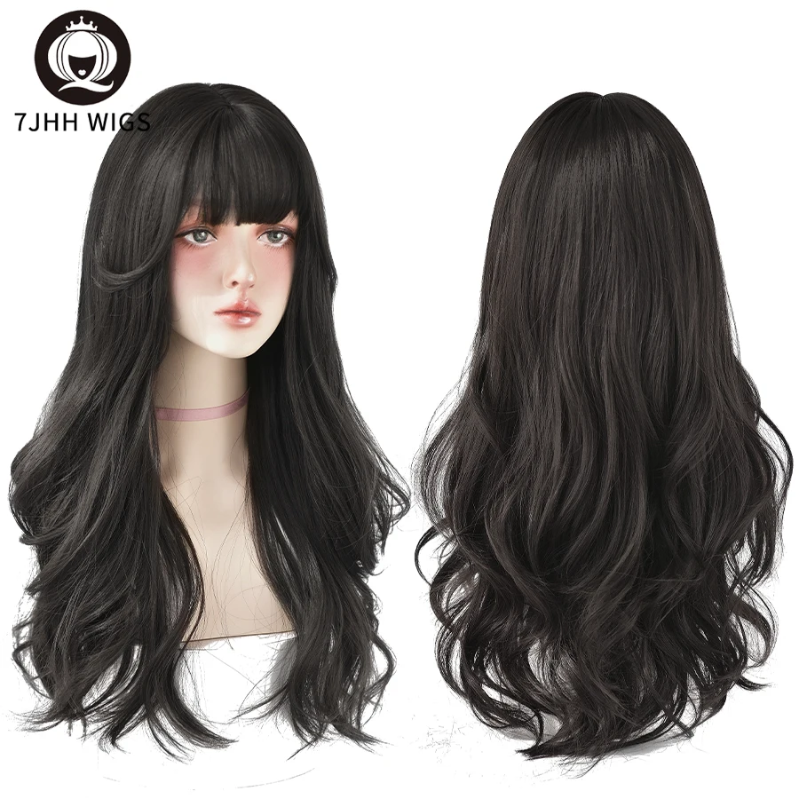 7JHH WIGS Popular Brown Ash Long Deep Wave Hair Lolita Wigs With Bangs Synthet - £20.74 GBP+