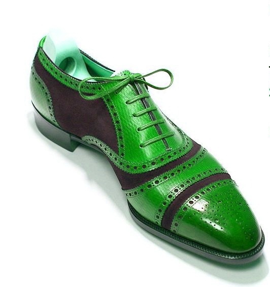 Oxford Men Black Suede Green Genuine Leather Brogue Cap Toe Spectator Shoes