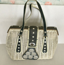 White woven plastic wicker VTG handbag purse front gray trim - £15.66 GBP