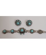 SILVERTONE METAL STYLISH BRACELET &amp; EARRING SET WITH TOURQOUISE GLASS ST... - $252.48 MXN