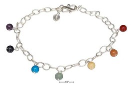 Anklet Sterling Silver 9 to 11&quot; Adj Seven Genuine Stone Chakra Dangle Bead Ankle - £82.58 GBP